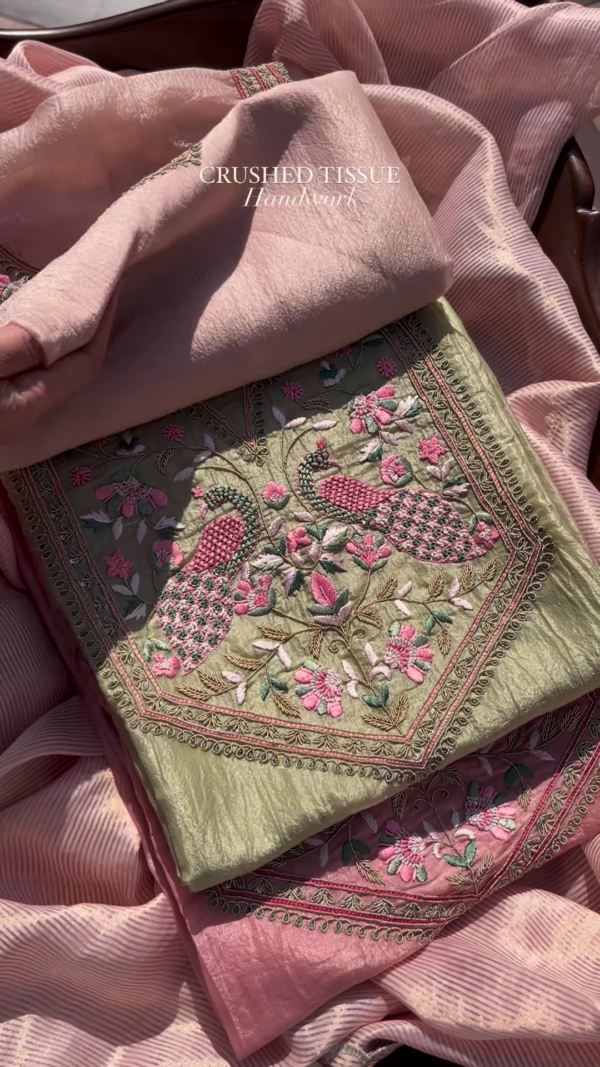 Pastel Pink and Sage Green Embroidered Unstitched Suit Set