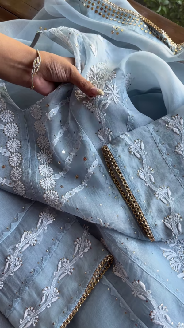 Sky Blue Chikankari and Mirror Work Unstitched Suit Set