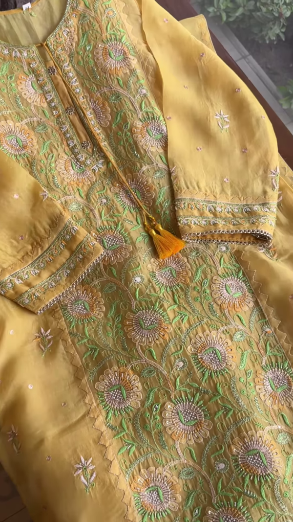 Lemon Yellow Floral Embroidered Organza Unstitched Suit Set