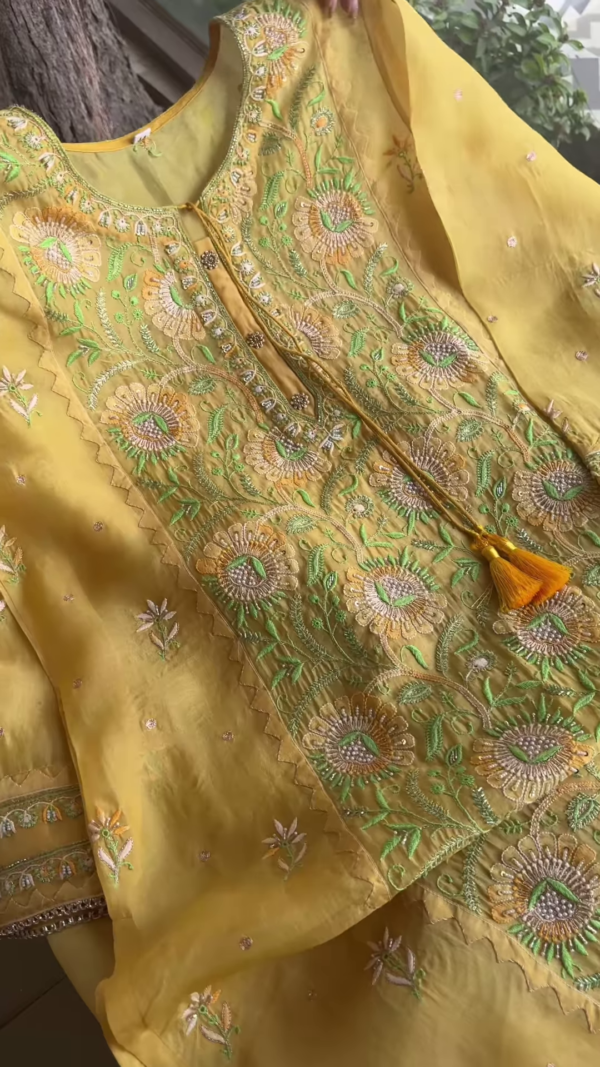 Lemon Yellow Floral Embroidered Organza Unstitched Suit Set