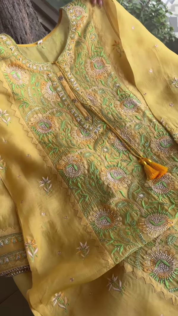 Lemon Yellow Floral Embroidered Organza Unstitched Suit Set