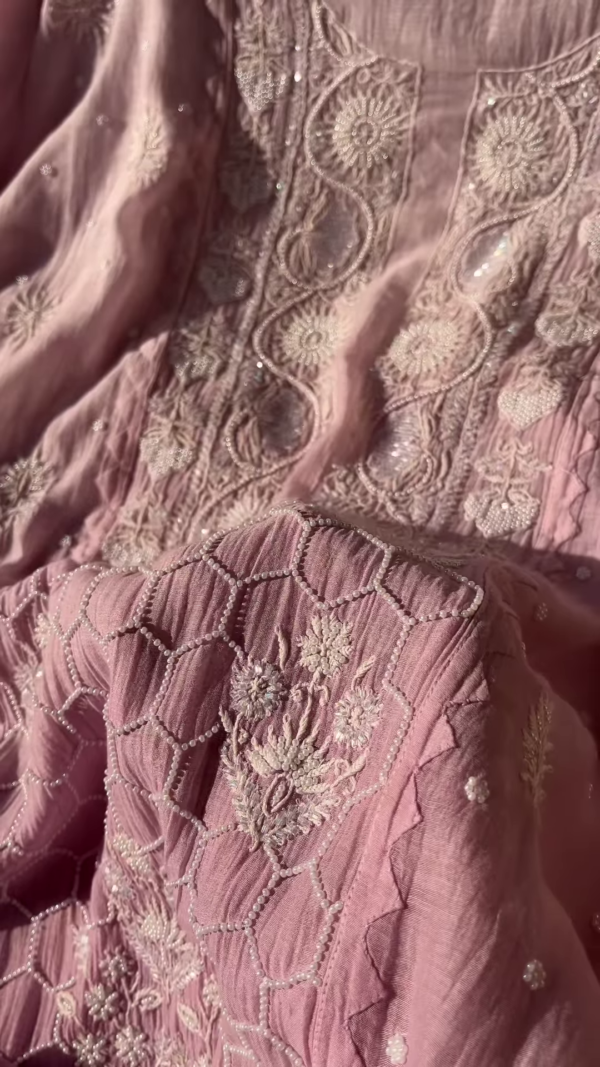 Tea Pink Embroidered Chikankari Unstitched Suit Fabric