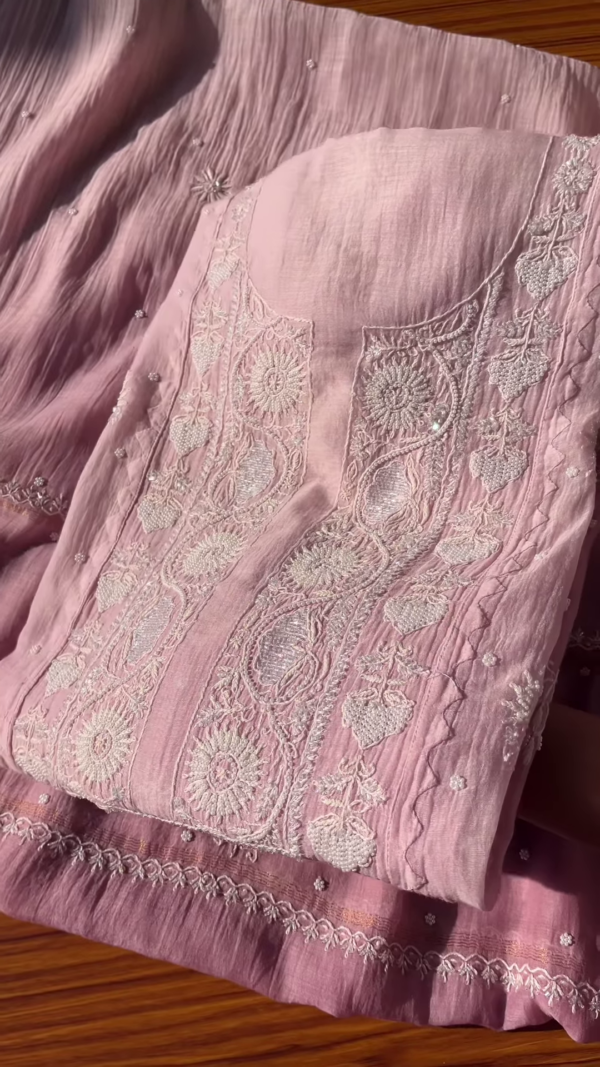 Tea Pink Embroidered Chikankari Unstitched Suit Fabric