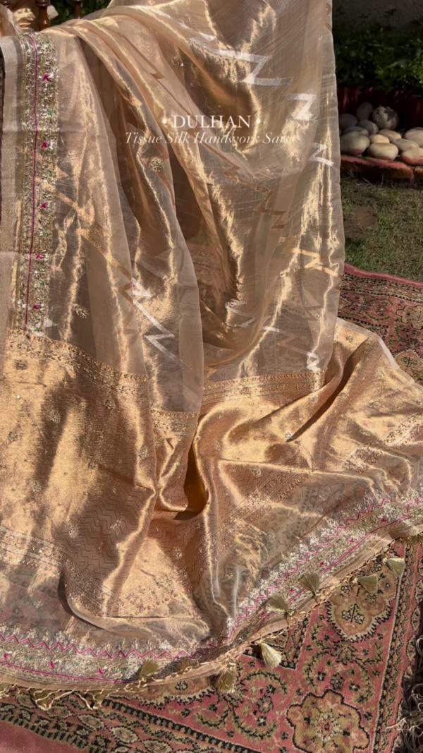 Golden Tissue Silk Handwork Saree Fabric