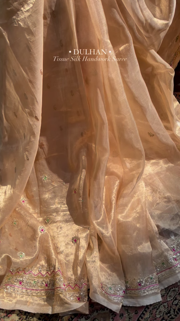 Golden Tissue Silk Handwork Saree Fabric
