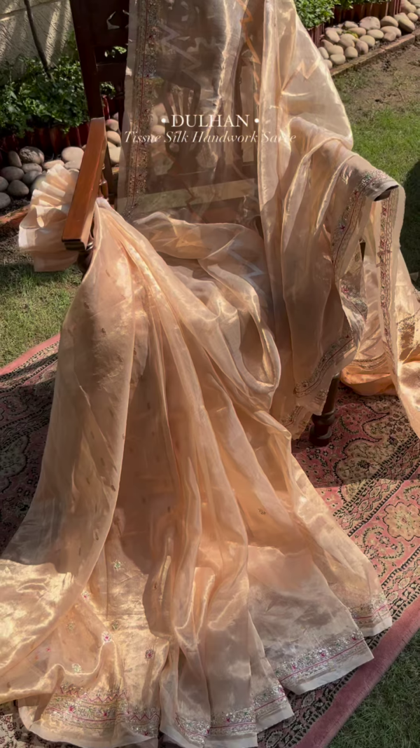 Golden Tissue Silk Handwork Saree Fabric