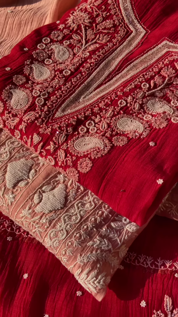 Crimson Embroidered Chikankari Unstitched Suit Set