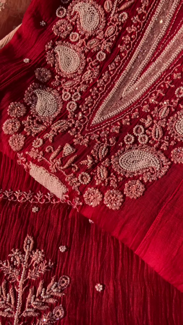 Crimson Embroidered Chikankari Unstitched Suit Set