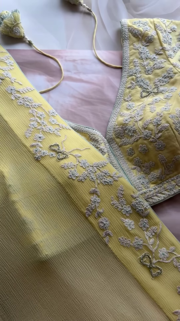 331-1.png Lemon Yellow Floral Chikankari Embroidered Saree Fabric with Coordinating Blouse Piece