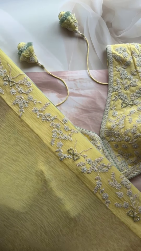 331-4.png Lemon Yellow Floral Chikankari Embroidered Saree Fabric with Coordinating Blouse Piece