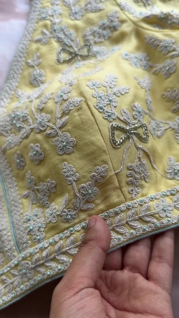 331-5.png Lemon Yellow Floral Chikankari Embroidered Saree Fabric with Coordinating Blouse Piece