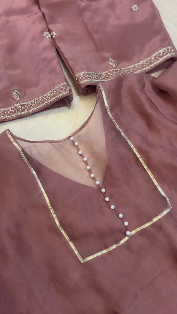 332-1.png Dusty Rose Tissue Silk Unstitched Suit Set with Pearl and Zari Detail