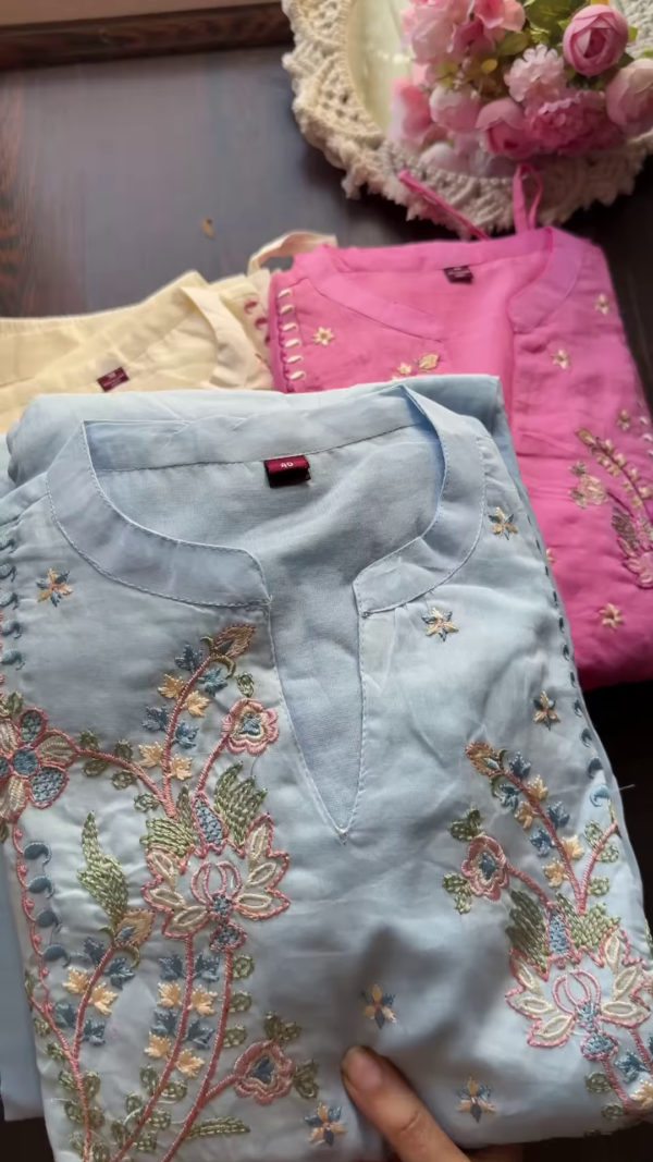 Pastel Embroidered Cotton Kurta Trio