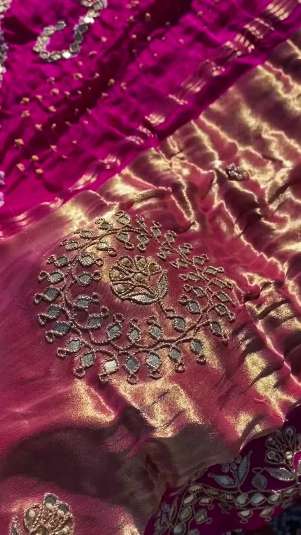Rani Pink Hand-Embroidered Tissue Silk Saree Fabric