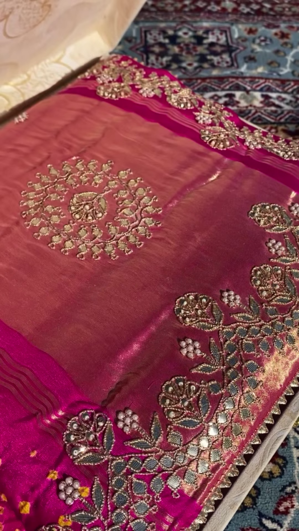 Rani Pink Hand-Embroidered Tissue Silk Saree Fabric