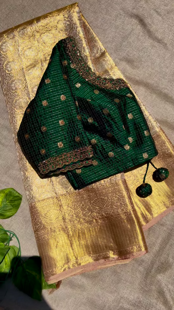 Peacock Green Brocade Blouse Piece with Gold Zari Embroidery