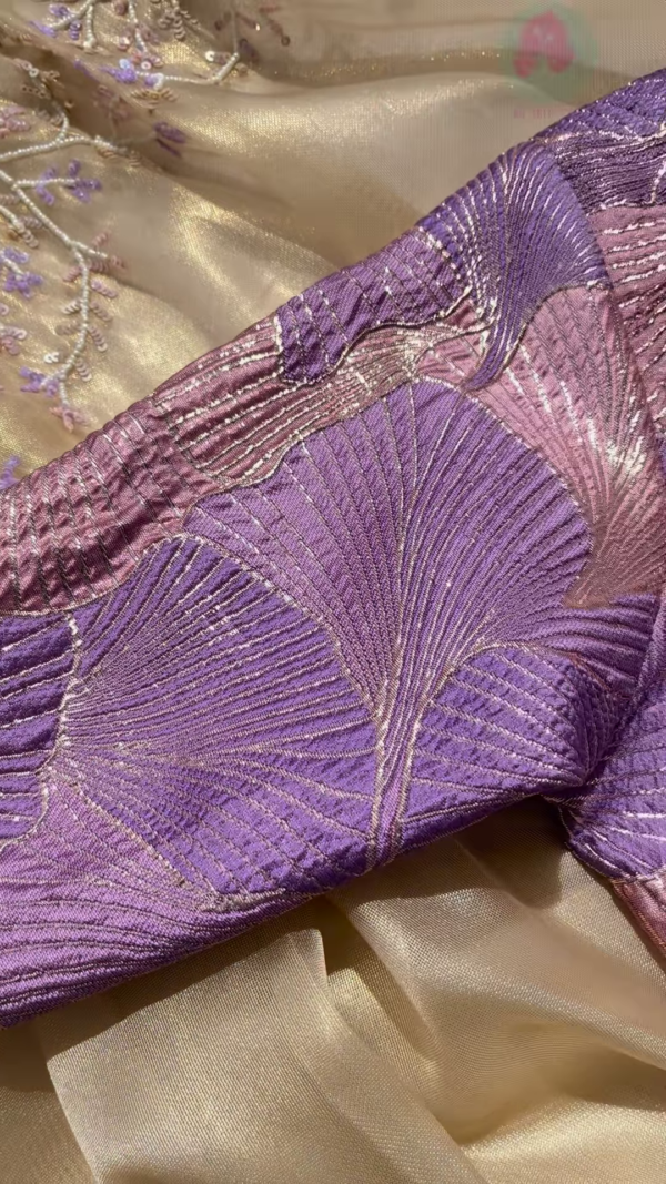 Champagne Tissue Silk Saree with Lilac Vine Embroidery and Brocade Blouse Piece