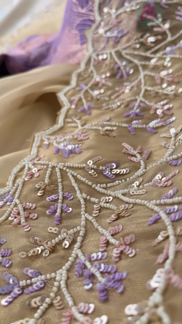 Champagne Tissue Silk Saree with Lilac Vine Embroidery and Brocade Blouse Piece