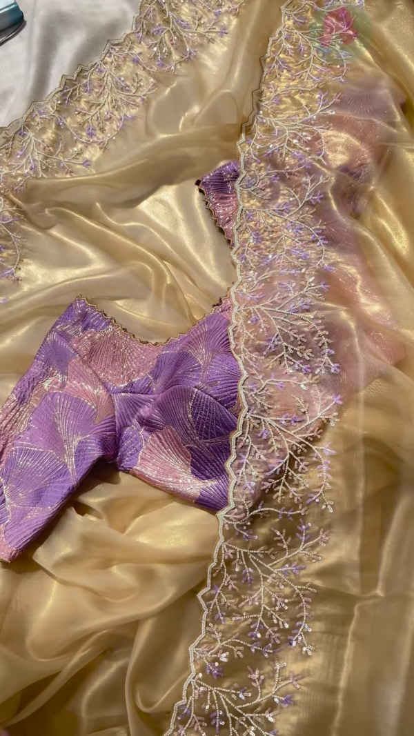 Champagne Tissue Silk Saree with Lilac Vine Embroidery and Brocade Blouse Piece