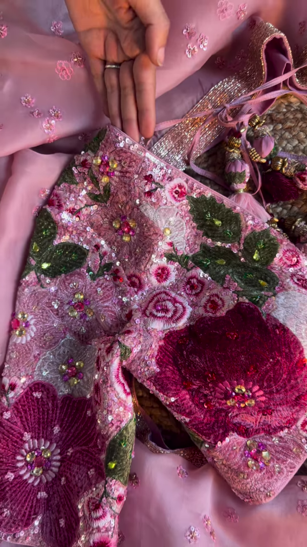 Dusty Rose Floral Sequin Embroidered Saree with Heavy Work Blouse