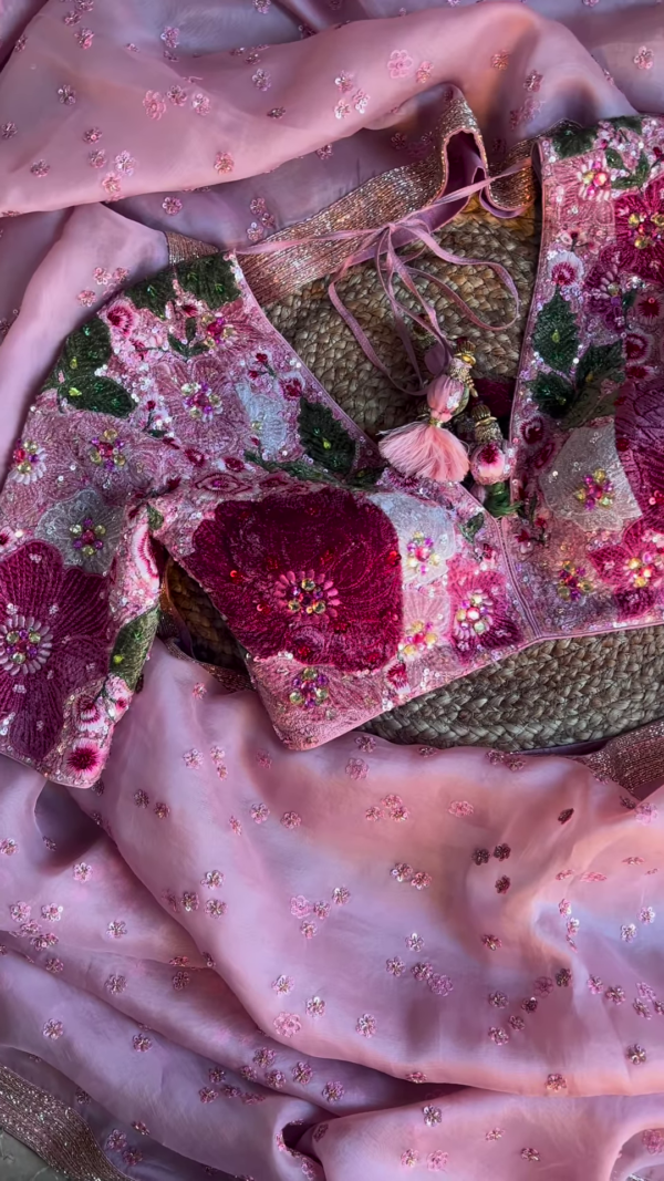 Dusty Rose Floral Sequin Embroidered Saree with Heavy Work Blouse