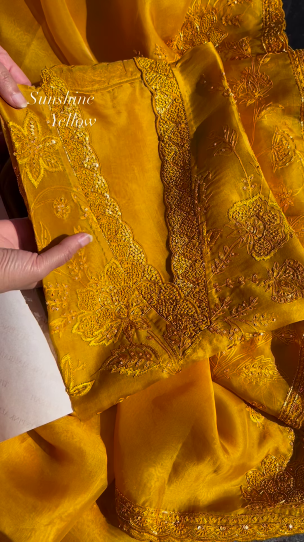 Sunshine Yellow Embroidered Organza Unstitched Suit Set