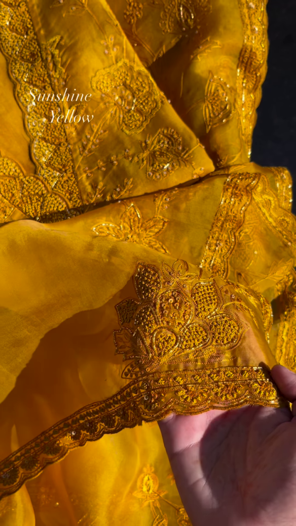 Sunshine Yellow Embroidered Organza Unstitched Suit Set