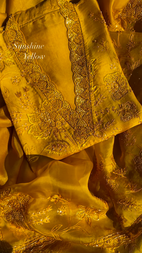Sunshine Yellow Embroidered Organza Unstitched Suit Set