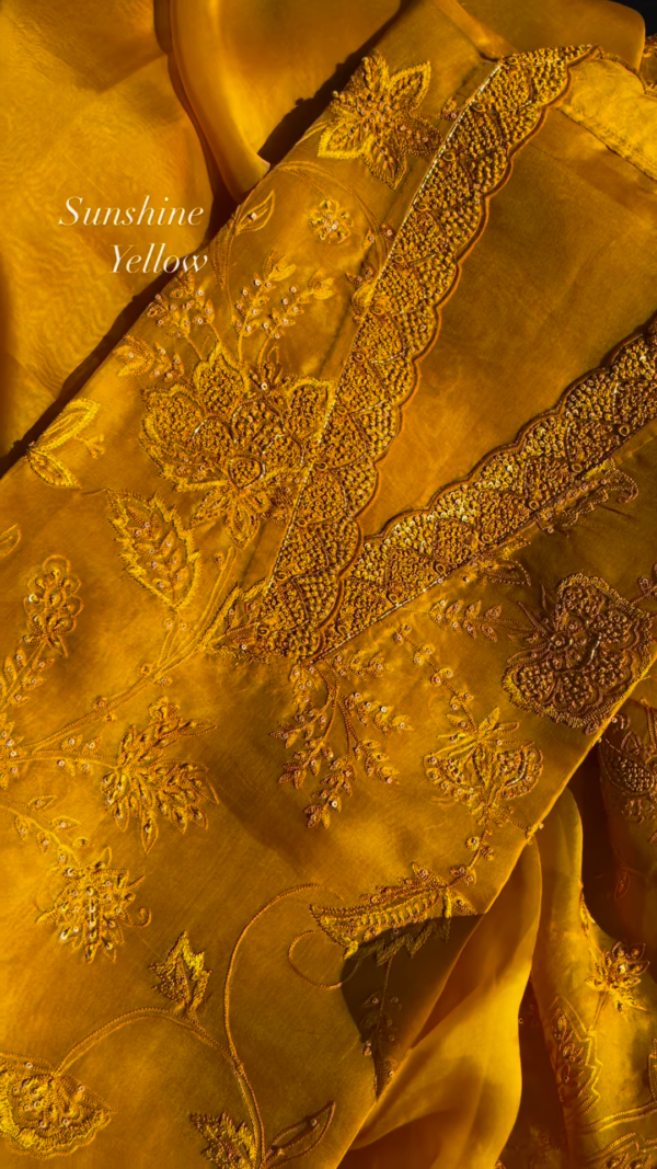 Sunshine Yellow Embroidered Organza Unstitched Suit Set