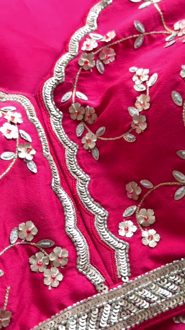 Rani Pink Floral Zari Embroidered Saree with Scalloped Blouse
