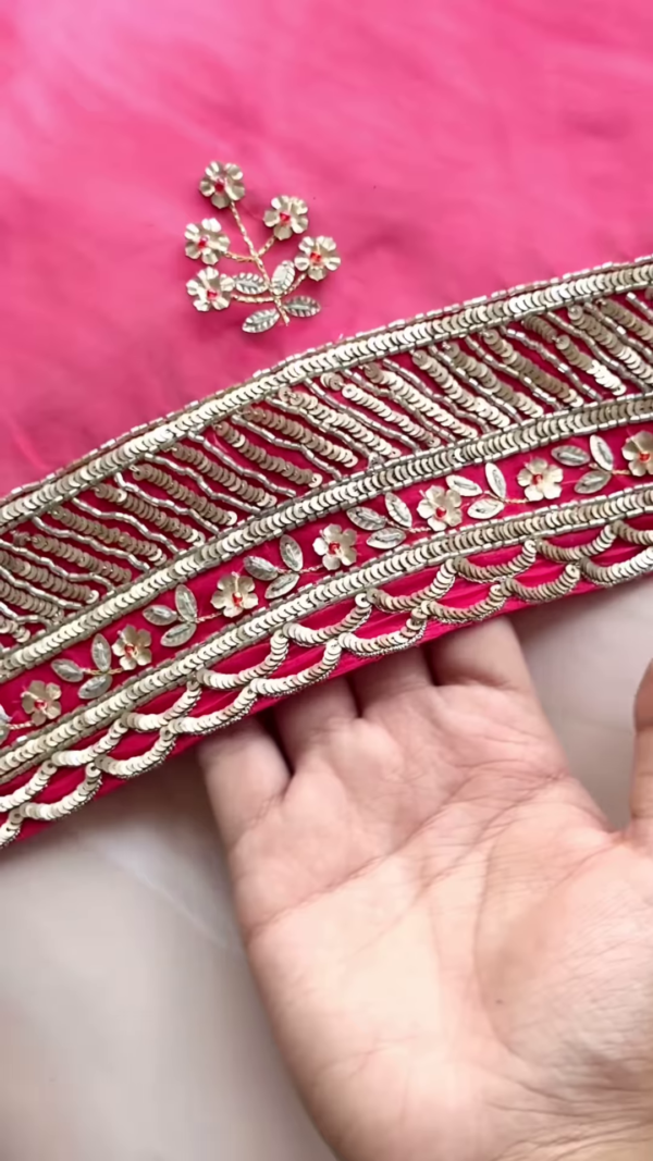 Rani Pink Floral Zari Embroidered Saree with Scalloped Blouse
