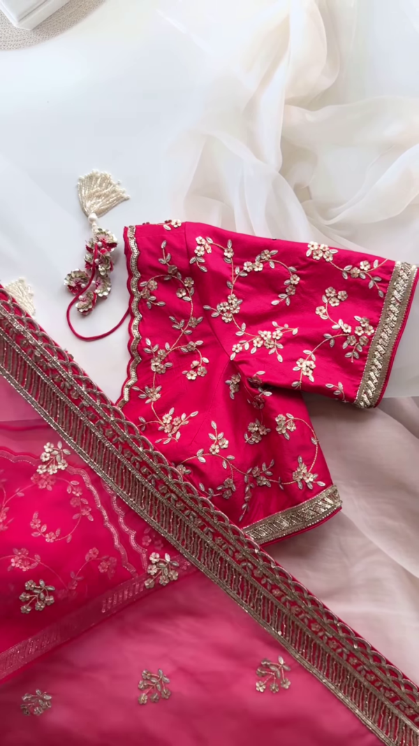Rani Pink Floral Zari Embroidered Saree with Scalloped Blouse