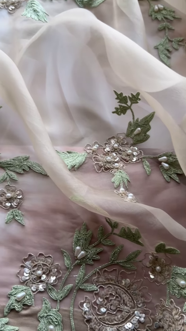 Taupe Floral Pearl and Sequin Embroidered Saree with Heavy Work Blouse
