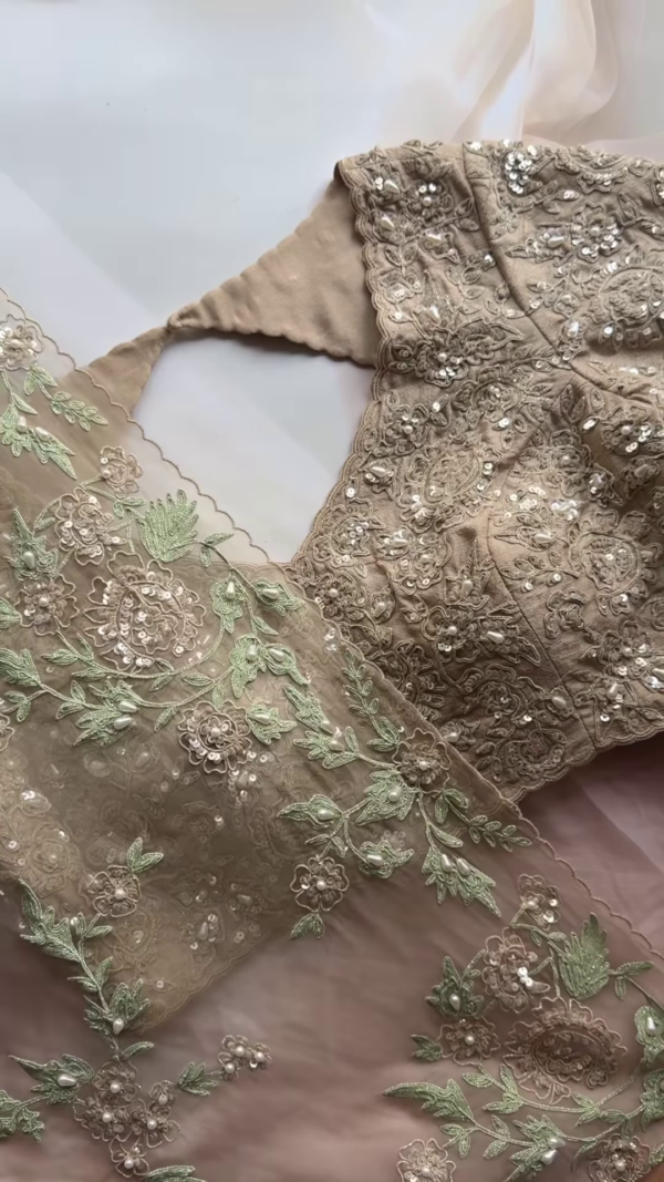 Taupe Floral Pearl and Sequin Embroidered Saree with Heavy Work Blouse