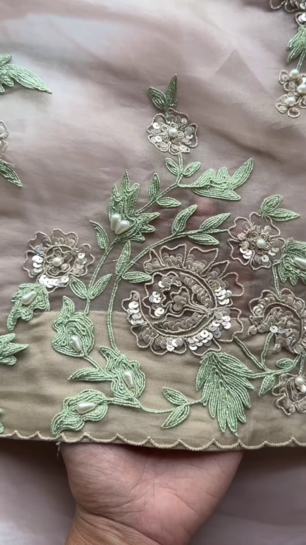 Taupe Floral Pearl and Sequin Embroidered Saree with Heavy Work Blouse