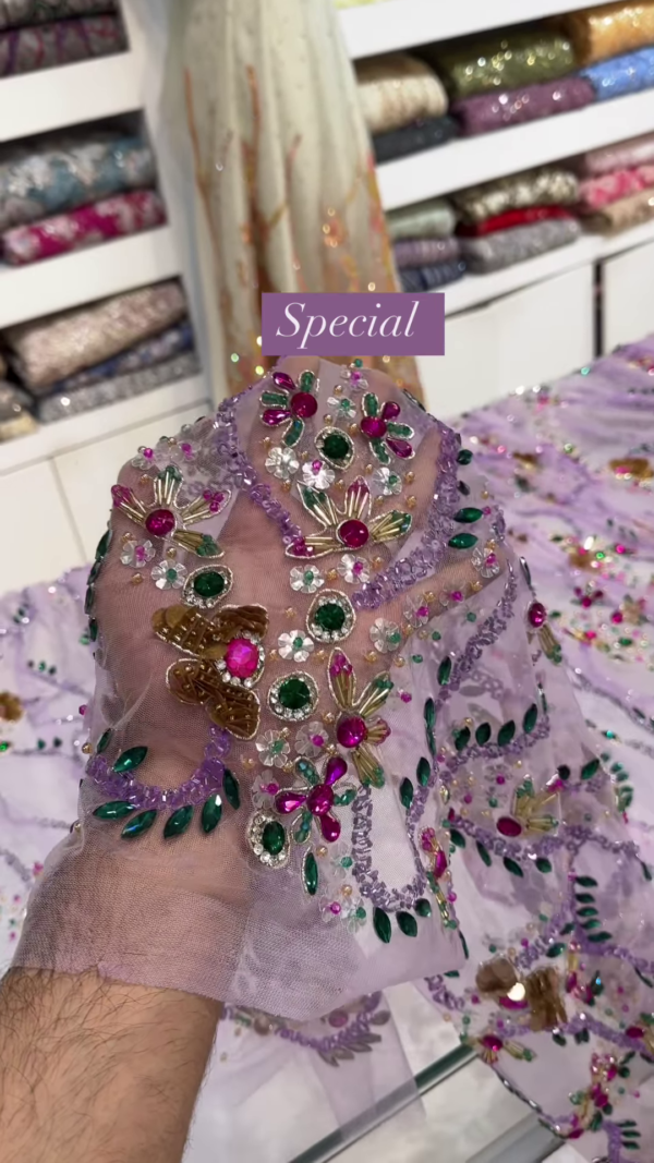 Lilac Sheer Embellished Fabric with Resham, Silma, and Sitara Work