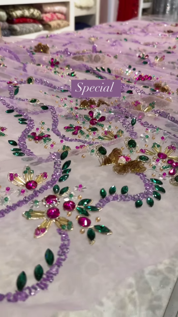 Lilac Sheer Embellished Fabric with Resham, Silma, and Sitara Work