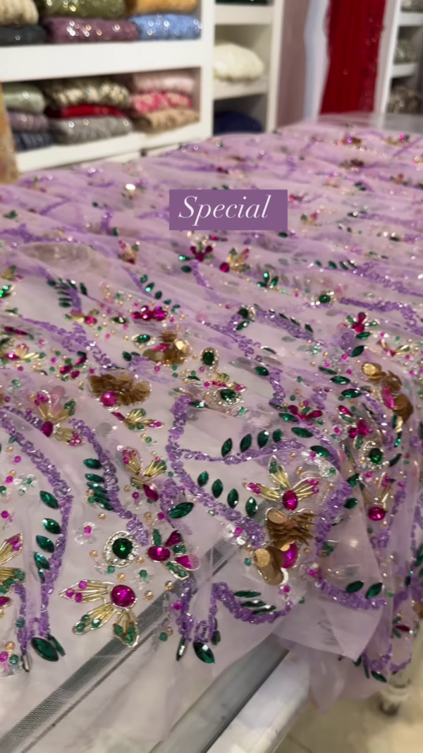 Lilac Sheer Embellished Fabric with Resham, Silma, and Sitara Work