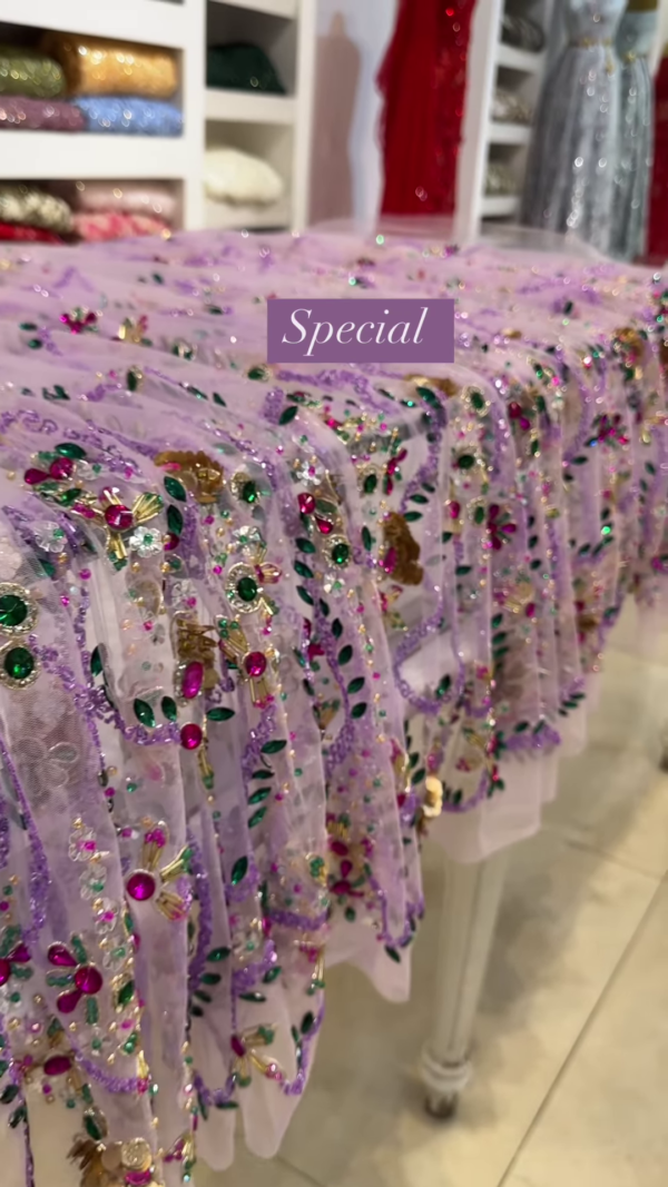 Lilac Sheer Embellished Fabric with Resham, Silma, and Sitara Work