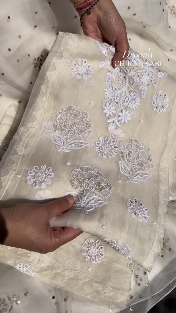 Off-White Silver Zari Chikankari Unstitched Suit Set