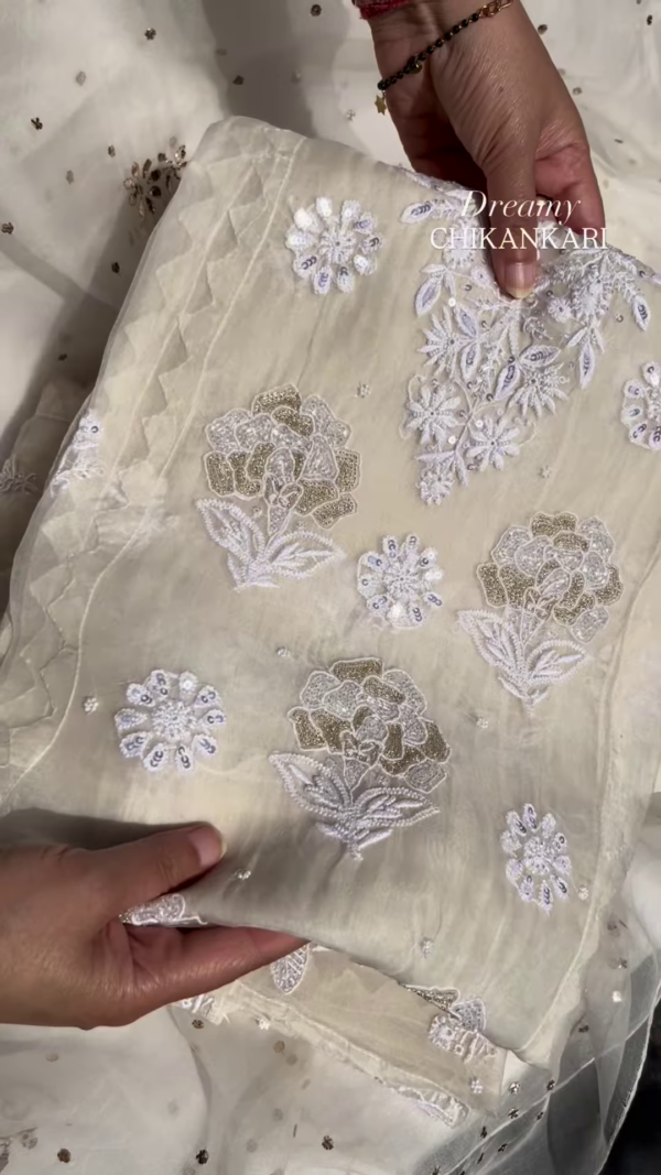 Off-White Silver Zari Chikankari Unstitched Suit Set