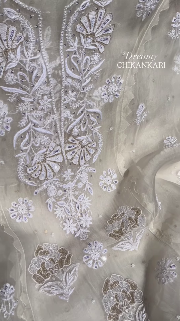 Off-White Silver Zari Chikankari Unstitched Suit Set