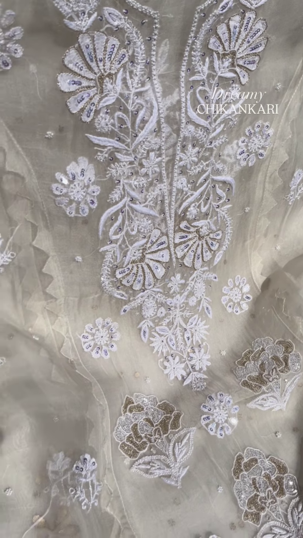 Off-White Silver Zari Chikankari Unstitched Suit Set