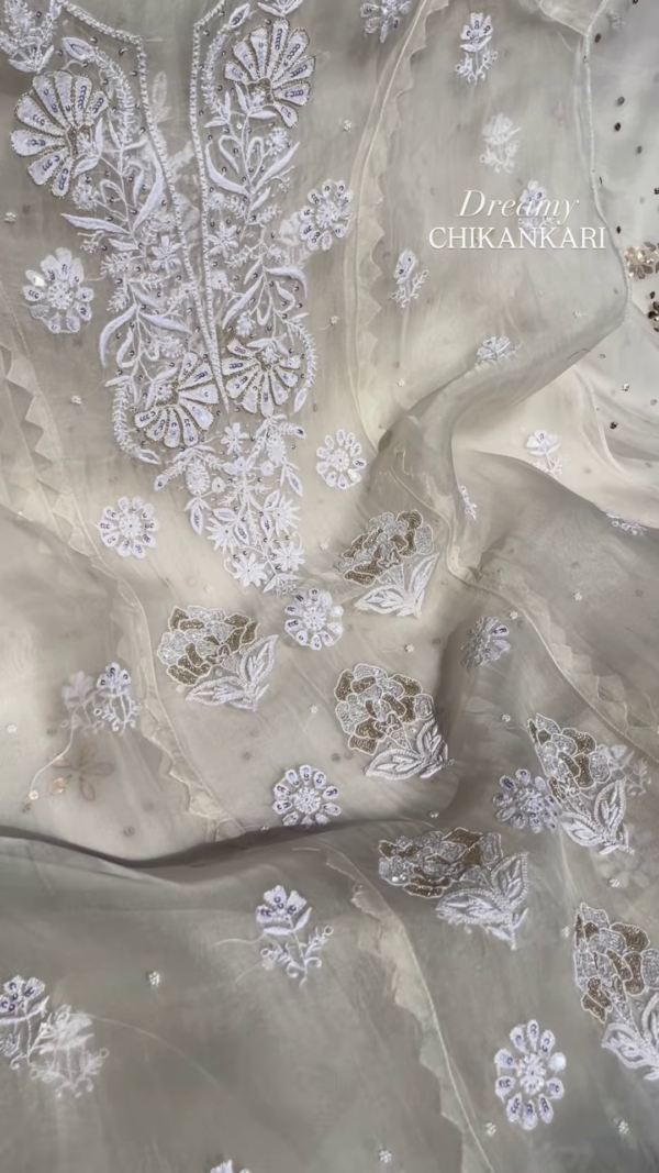 Off-White Silver Zari Chikankari Unstitched Suit Set