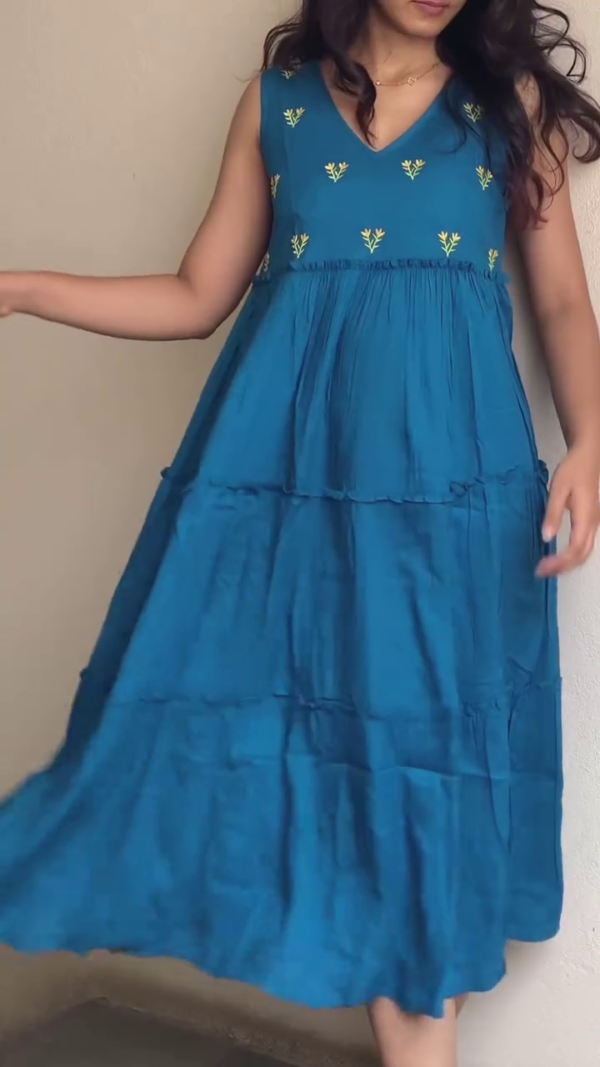Teal Blue Embroidered Sleeveless Midi Dress