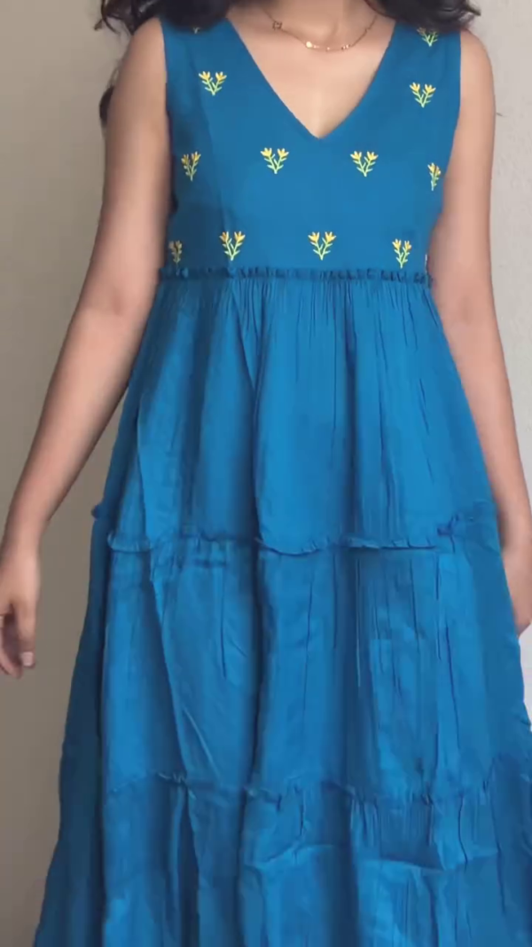 Teal Blue Embroidered Sleeveless Midi Dress