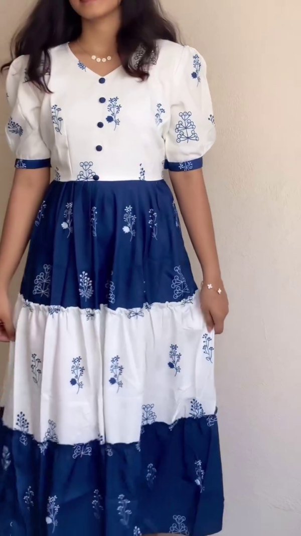 Blue & White Floral Printed Tiered Midi Dress