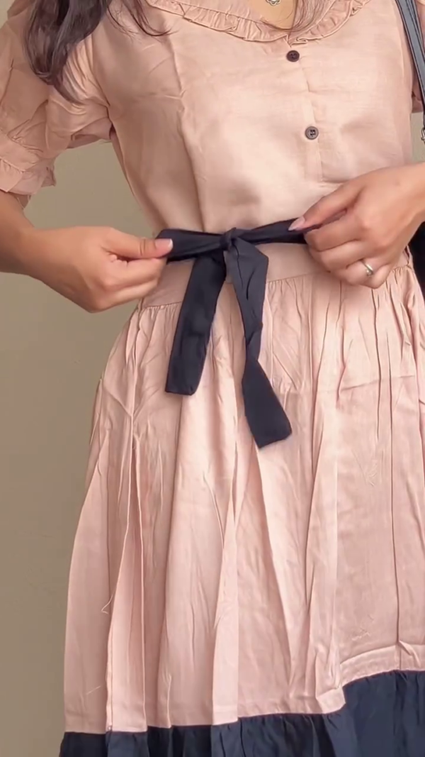 Peach & Black Contrast Belted Midi Dress