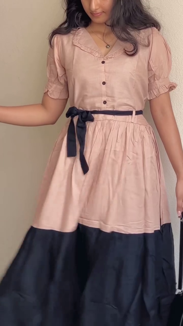Peach & Black Contrast Belted Midi Dress