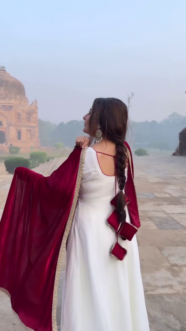 Ivory Elegance Anarkali with Velvet Shawl